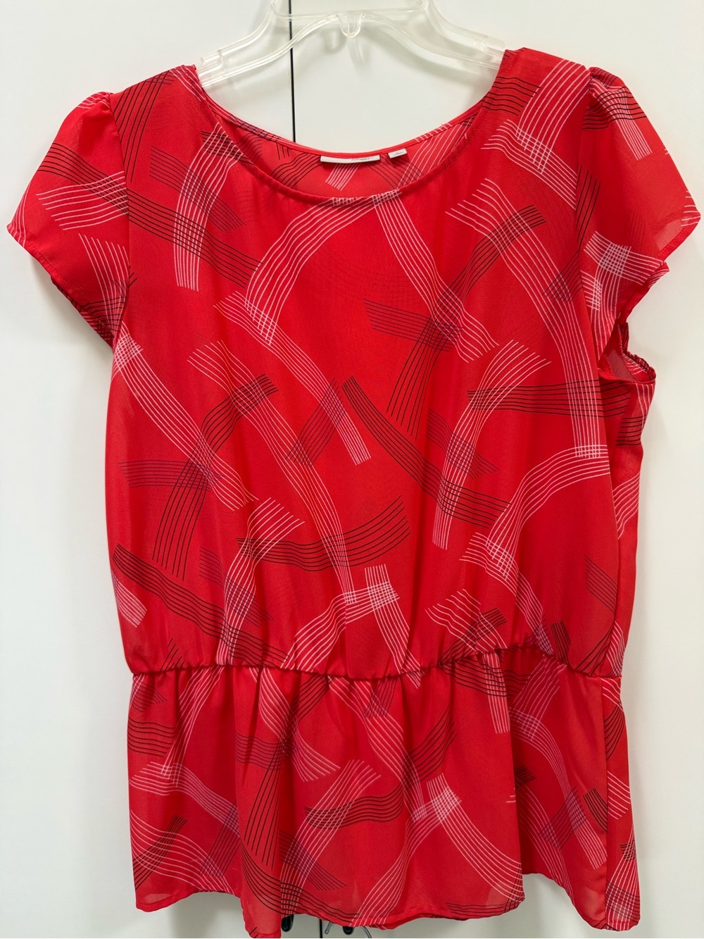 Nordstrom Halogen Peplum sheer neon Red Abstract Stripe Blouse top t-shirt Sz L